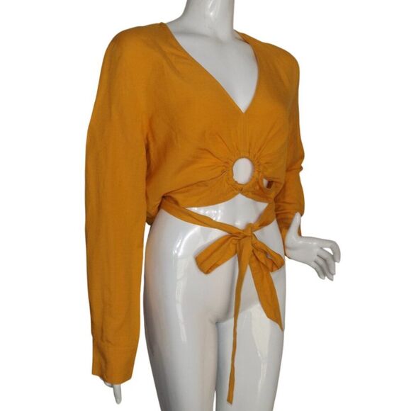 & OTHER STORIES Crop Top, 12, Yellow, Grommet/Strappy, Long Sleeve, V-neck Linen - Picture 3 of 16